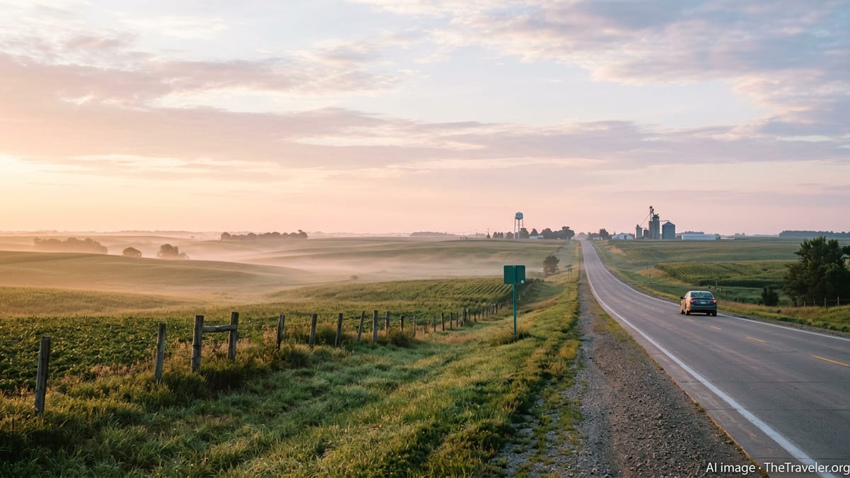 Sunrise over an Iowa highway with fields, a distant town, and a lone car driving.