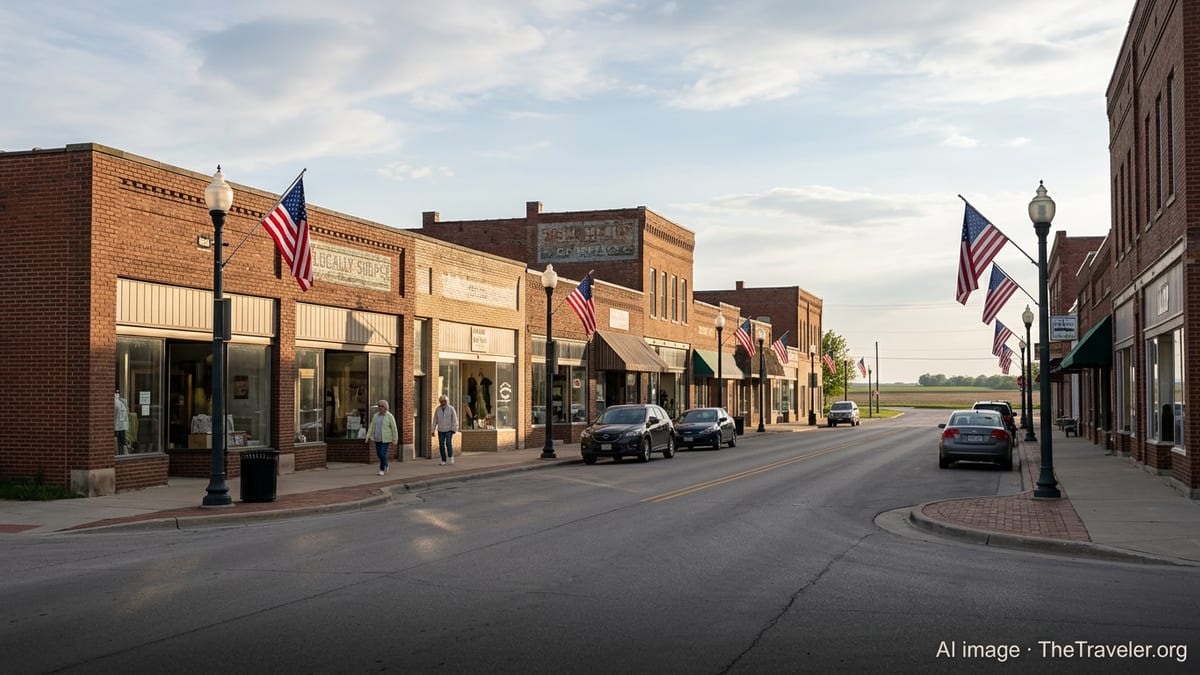 Small town Iowa main street at golden hour with brick storefronts and quiet traffic