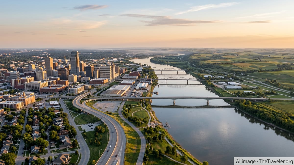 Aerial view of Omaha skyline and Missouri River with Iowa hills at sunset.
