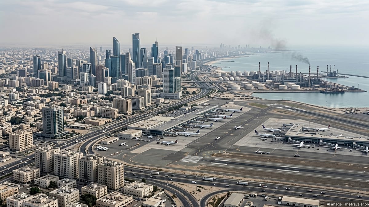 View over Middle Eastern city with quiet airport and distant refinery under hazy skies.