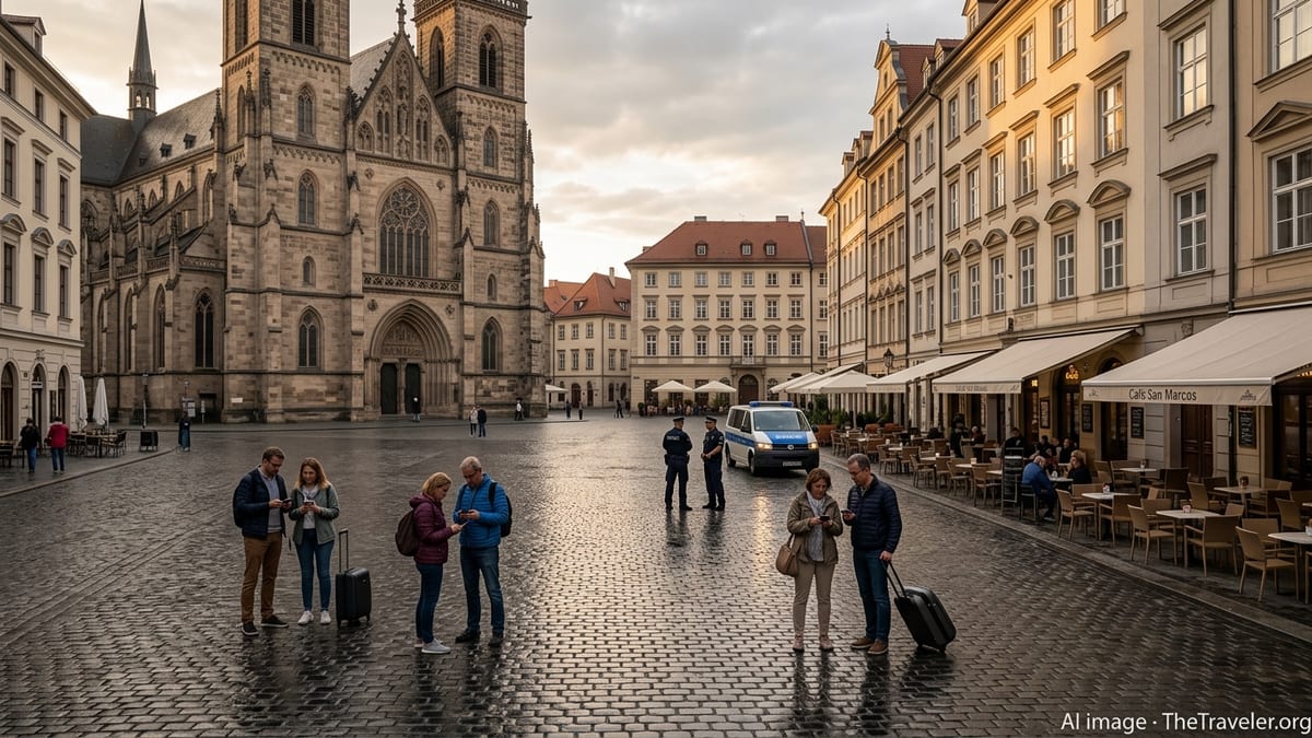 Lightly crowded European city square at dusk with visible police patrol and wary tourists.