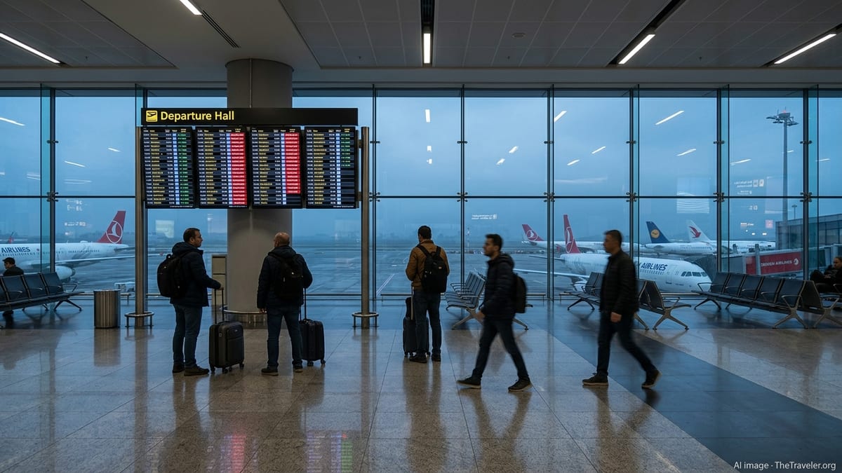 Sparse travelers in an Istanbul airport terminal studying departure boards filled with Middle East flight cancellations.
