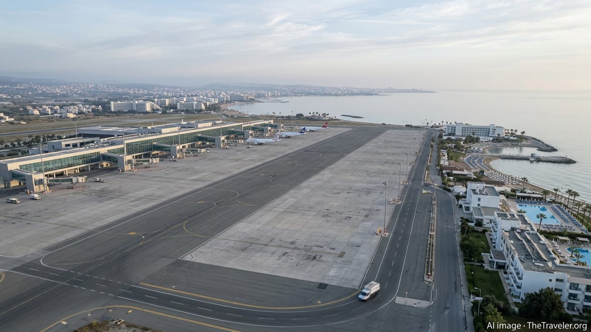 Aerial view of a quiet Mediterranean airport and coastline with few parked jets.