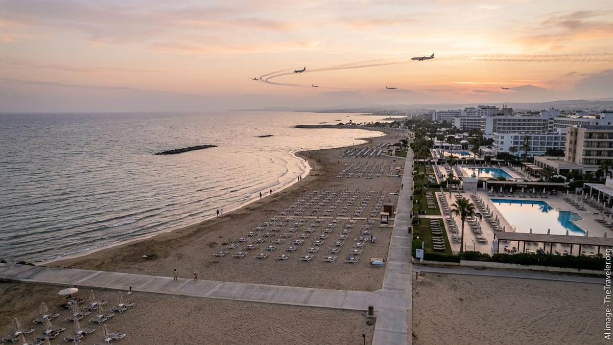 Quiet Mediterranean beach resort in Cyprus with few visitors and distant aircraft in hazy sky.