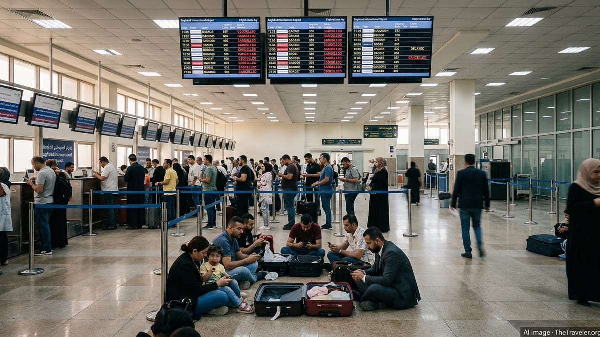 Passengers queue under departure boards showing many cancelled flights at Baghdad airport.