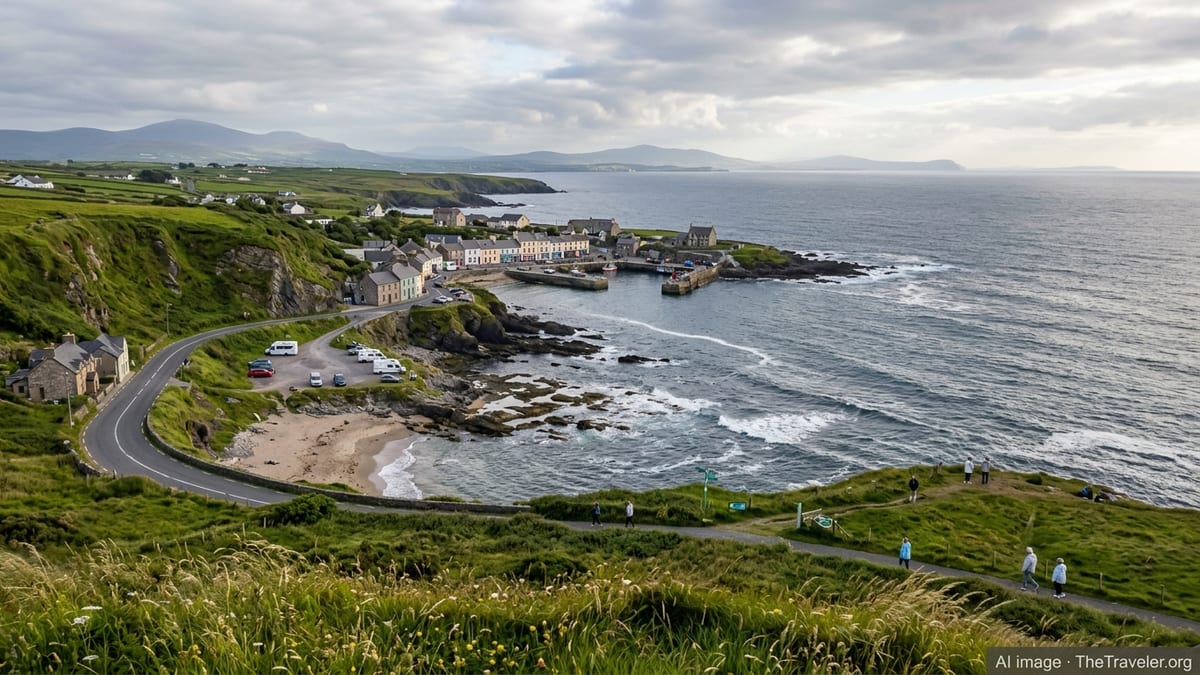 Aerial view of Ireland’s Atlantic coast with green cliffs, a small harbor town and walkers on a cliff-top trail on a mild day