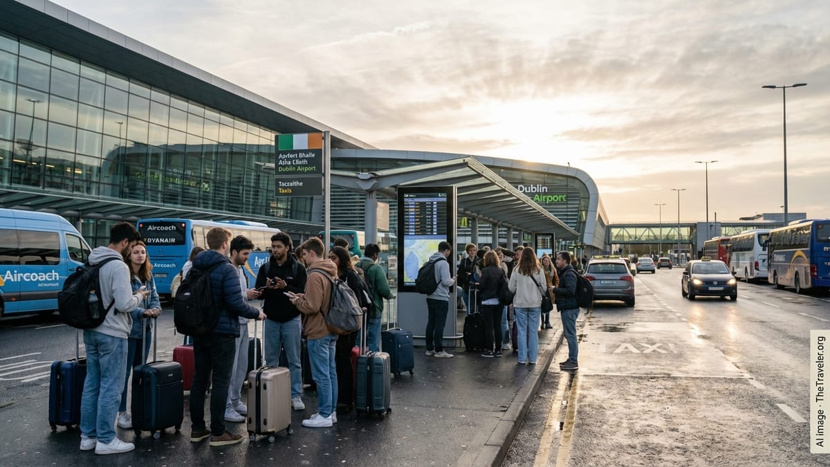 International students with luggage outside Dublin Airport terminal on an overcast afternoon.