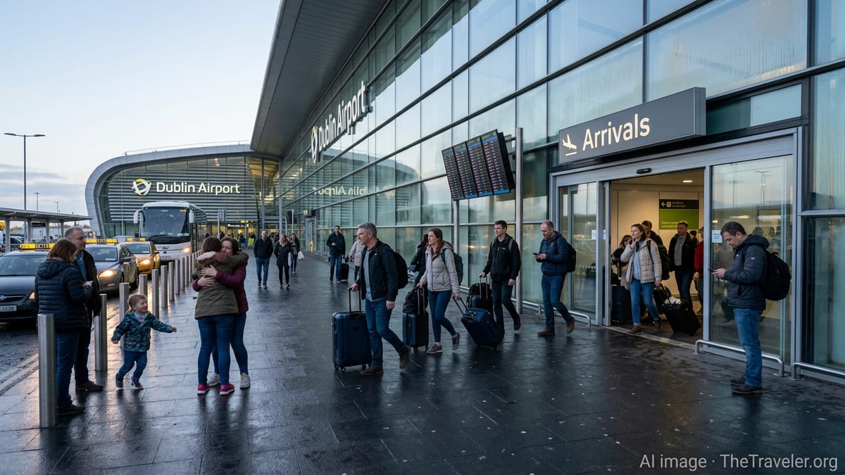 Relieved passengers and families reunite outside Dublin Airport after an early morning charter flight arrival.
