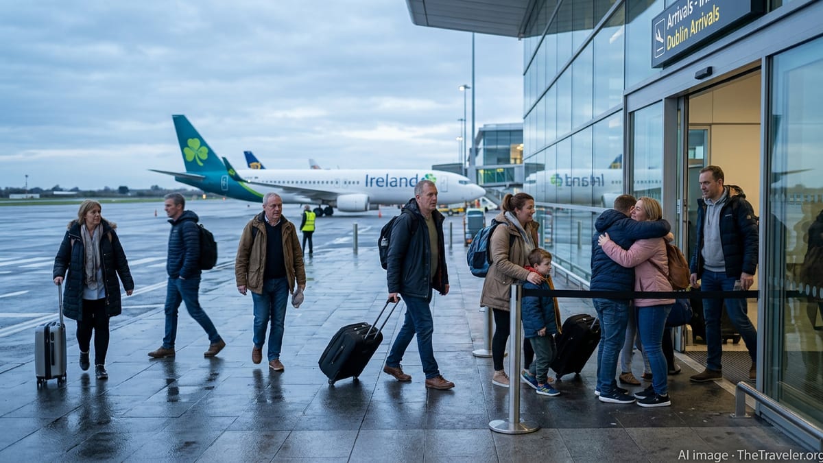 Irish passengers with luggage embrace family outside Dublin Airport after a Gulf evacuation flight.