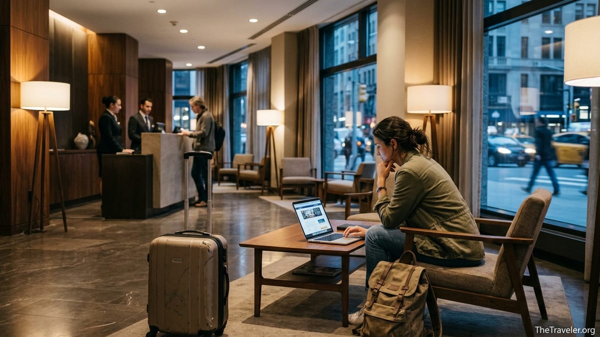 Traveler comparing hotel prices on a laptop in a modern hotel lobby