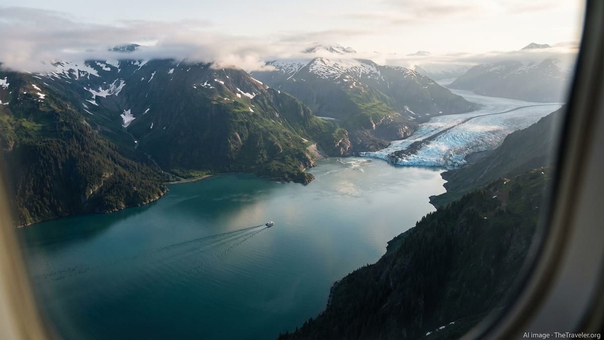 A small tour boat in a vast Alaskan fjord below glacier-covered mountains at sunset.