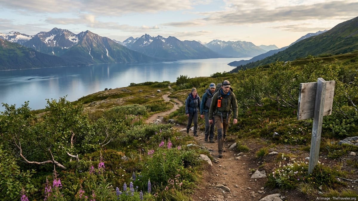 Hikers on an Alaskan coastal trail at sunset overlooking mountains and fjord