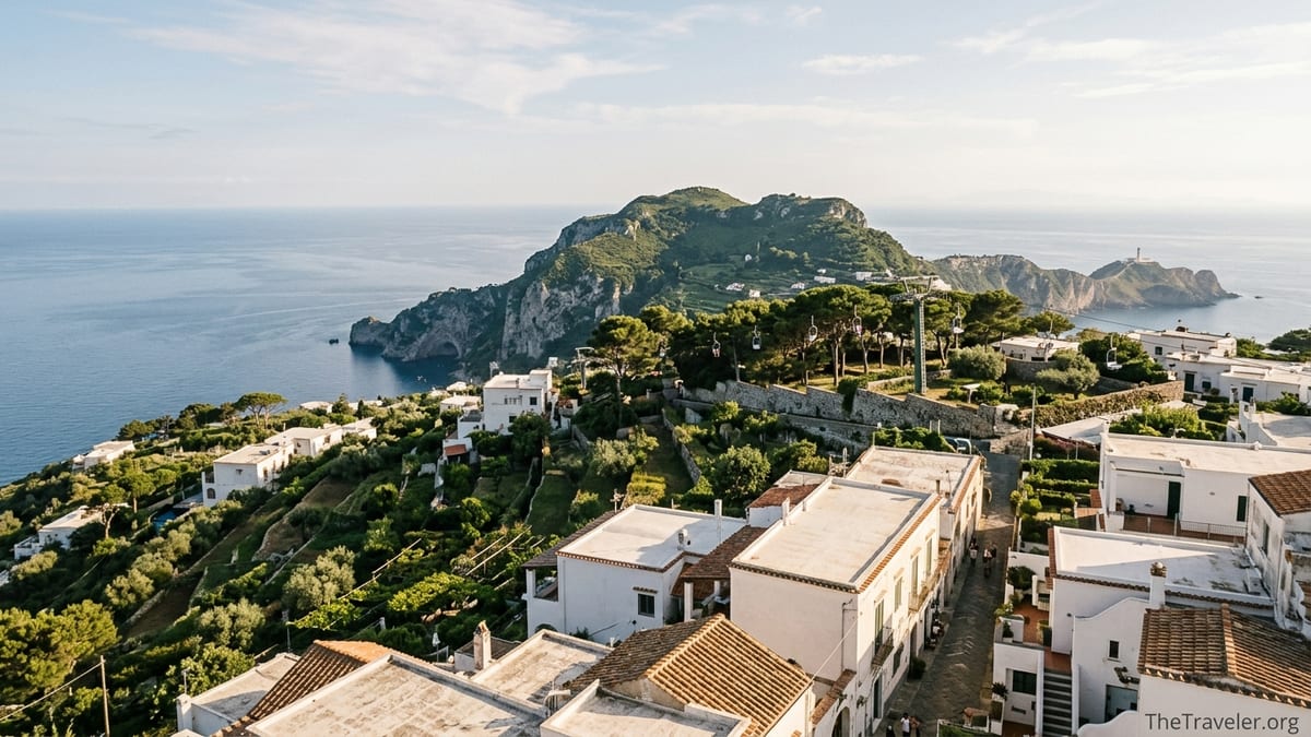 Panoramic view over Anacapri’s white houses and sea with Monte Solaro chairlift rising above the town.