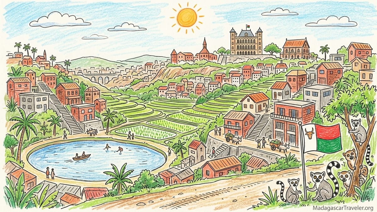 View over Antananarivo’s Upper Town and Rova with houses and rice fields below.