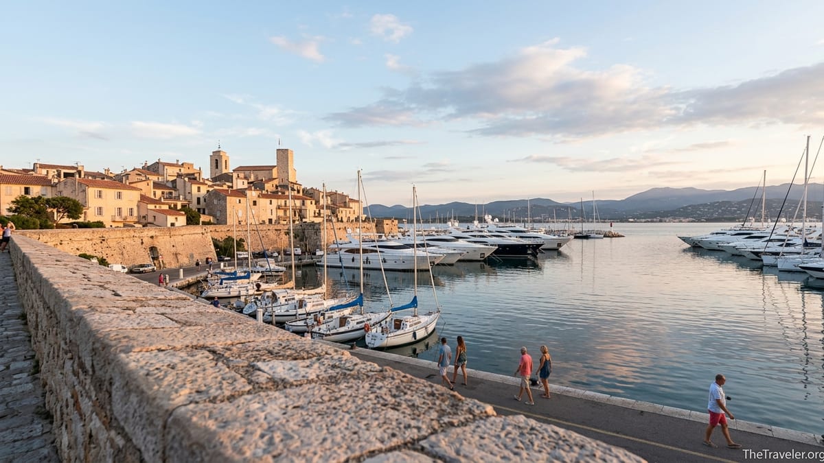 Early evening view over Port Vauban and the old town of Antibes from the stone ramparts.
