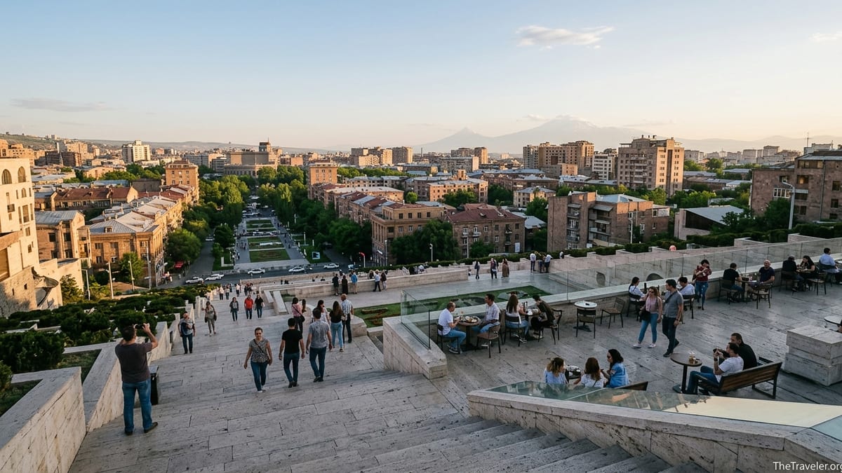 Evening view over Yerevan from the Cascade with people walking and Mount Ararat in the distance.