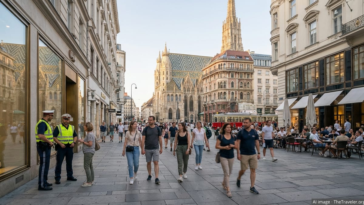 Early evening street scene in central Vienna with tourists, locals, and visible but unobtrusive police presence.