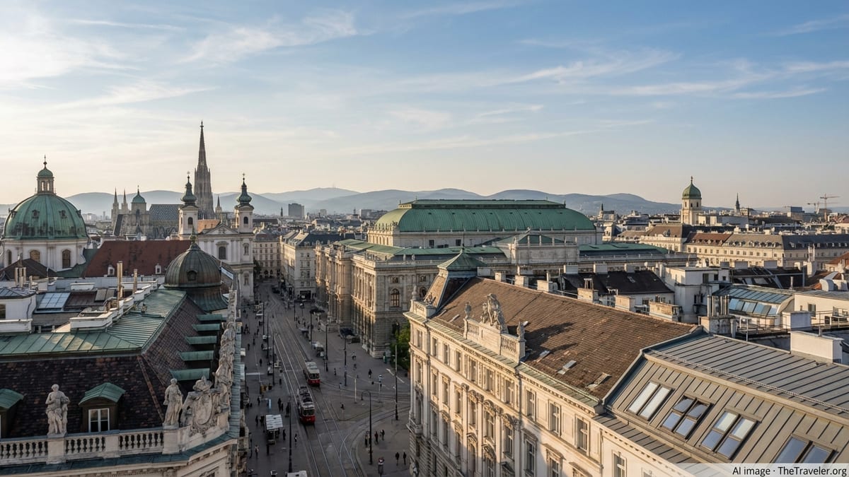 Aerial view of central Vienna’s historic rooftops with distant Austrian hills on a clear spring afternoon.