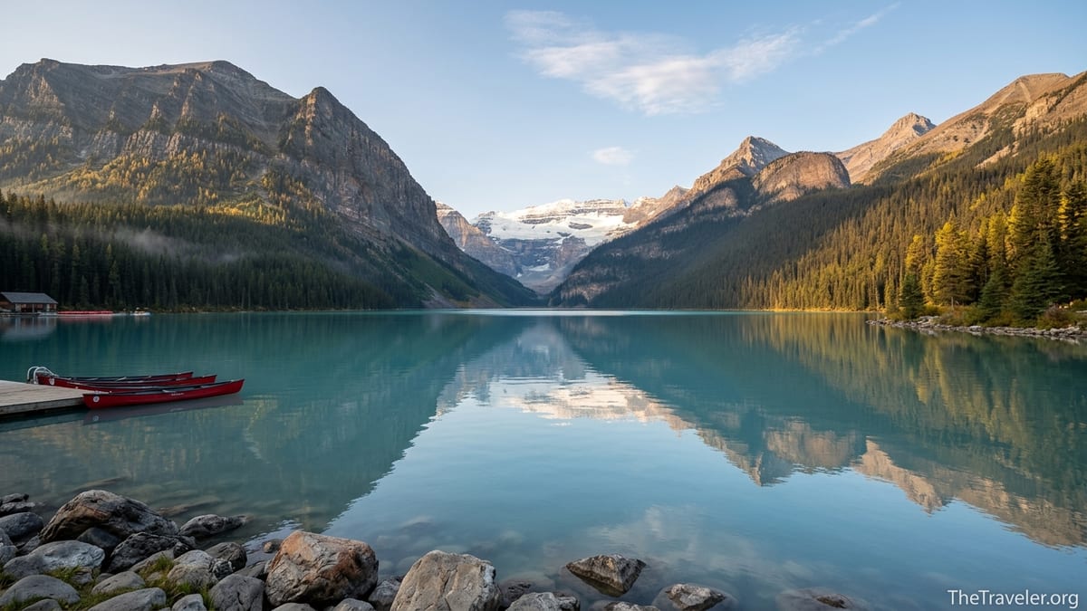 Sunrise over Lake Louise in Banff with turquoise water and glacier peaks reflected.
