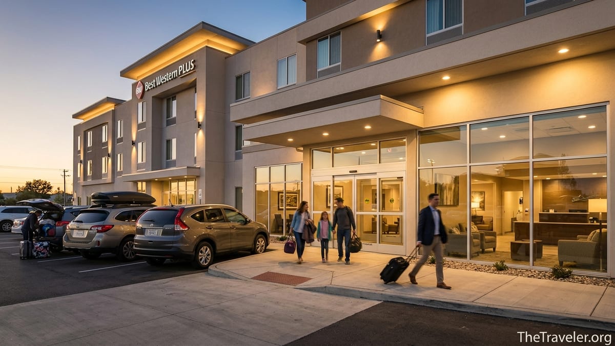Exterior of a modern Best Western Plus hotel at dusk with travelers arriving
