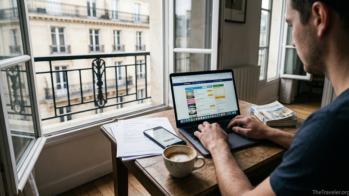 Traveler comparing hotel prices on a laptop in a European apartment with city view.