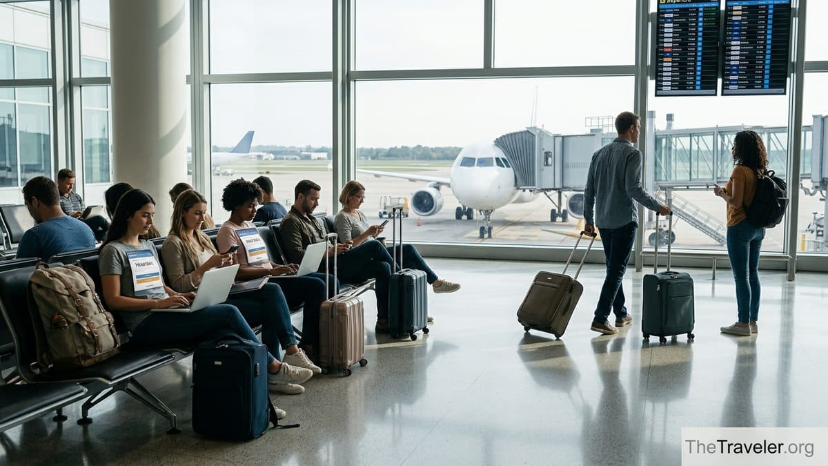 Travelers in an airport terminal checking bookings on phones and laptops before a trip.