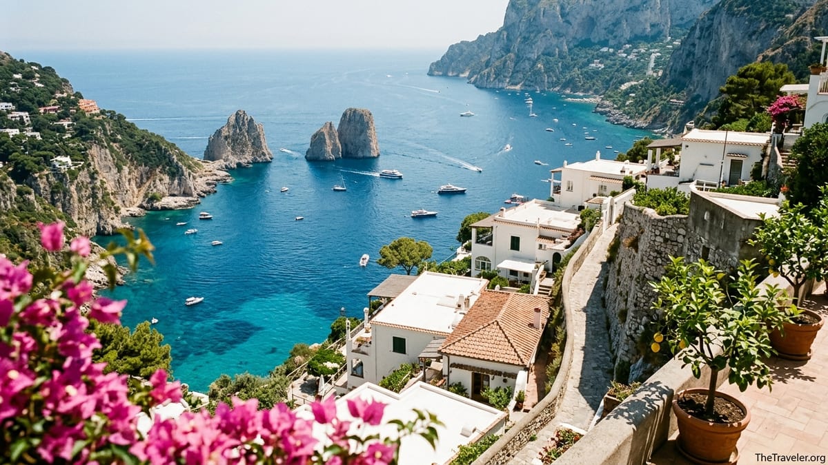 Sea cliffs and whitewashed houses of Capri overlooking the Faraglioni rocks and blue Bay of Naples on a clear day.