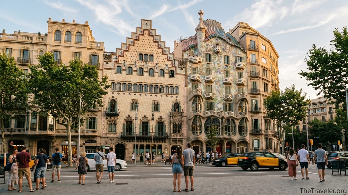 Casa Batlló’s colorful facade on Passeig de Gràcia at golden hour with pedestrians passing by