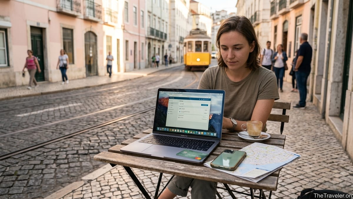 Traveler in a European street cafe checking a banking app on laptop and card