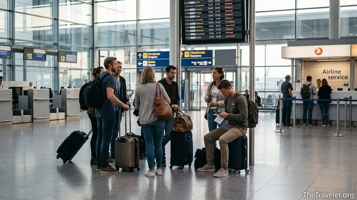 Travelers waiting in a European airport terminal, checking delayed flights and documents.