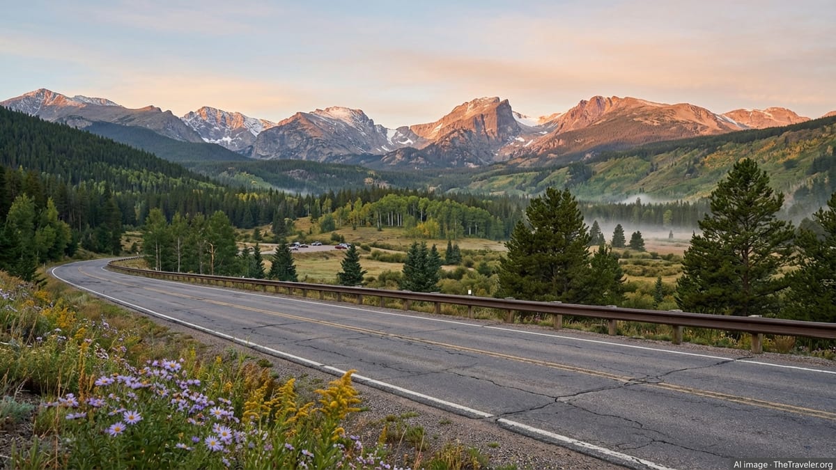Sunrise over a Colorado mountain valley with a curving road, forests and snow-dusted peaks.