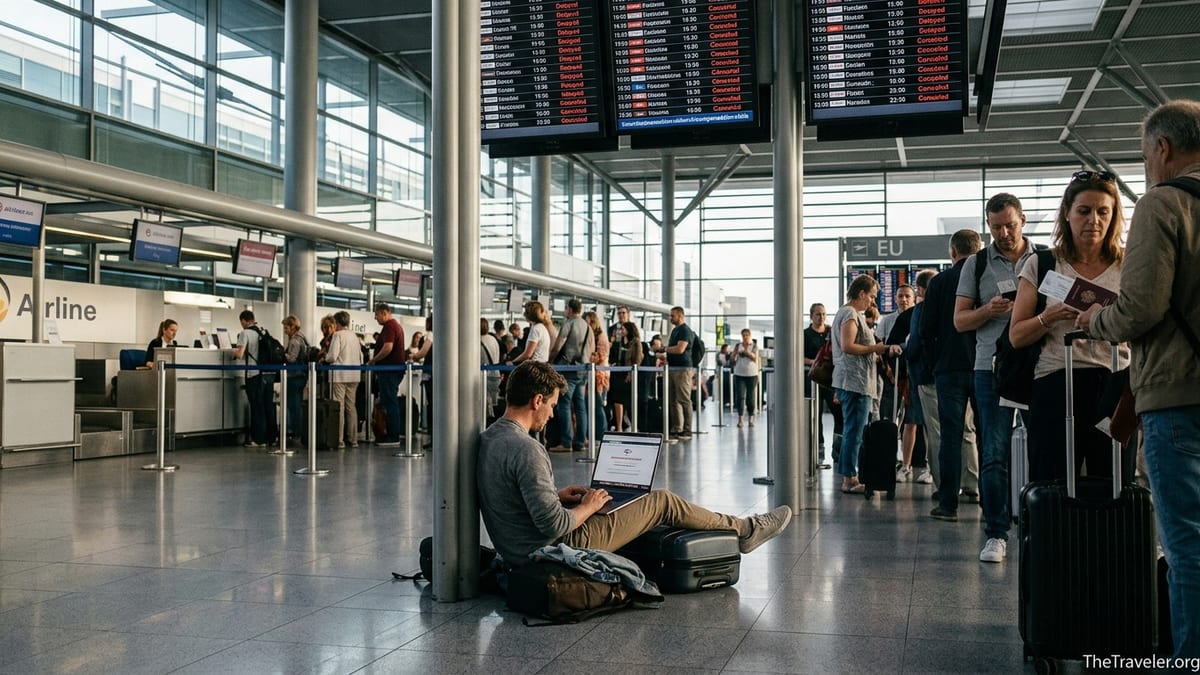 Traveler in busy airport terminal checking flight delay compensation options on a laptop after multiple cancellations.