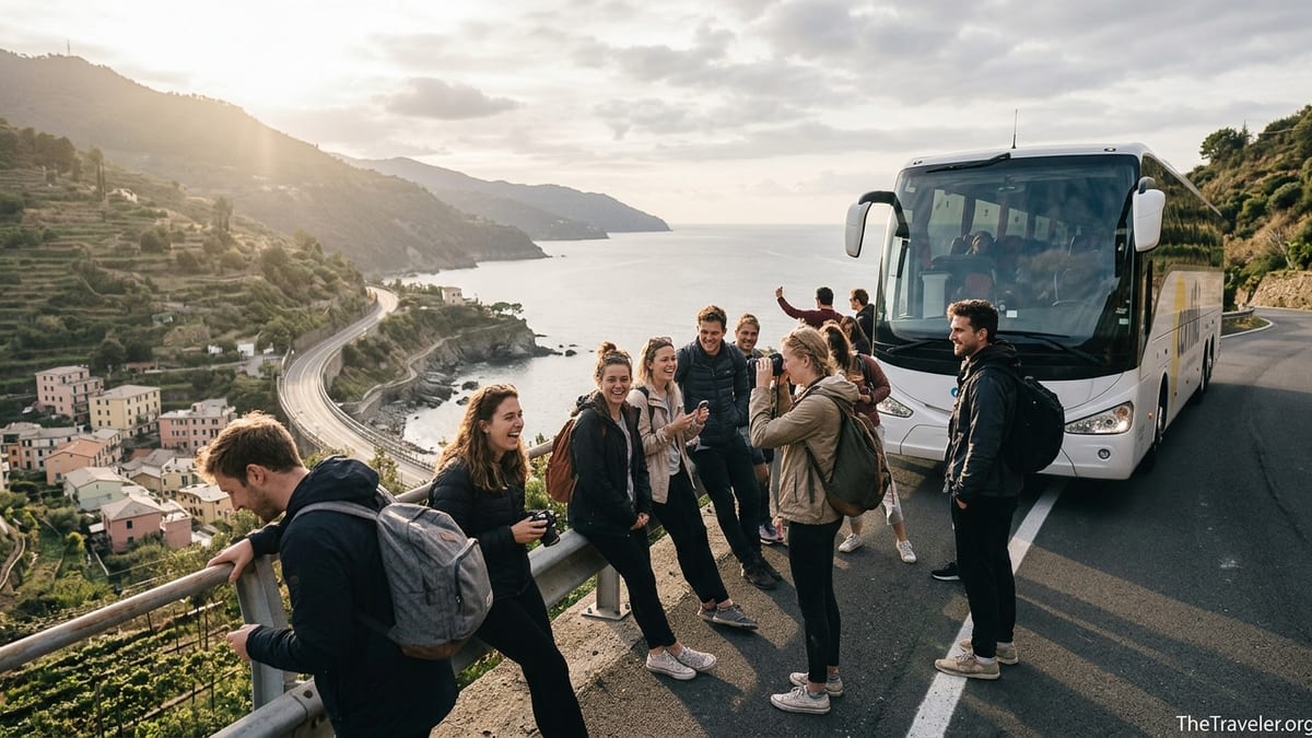 Young Contiki style group at a scenic coastal viewpoint beside their tour coach at sunset.