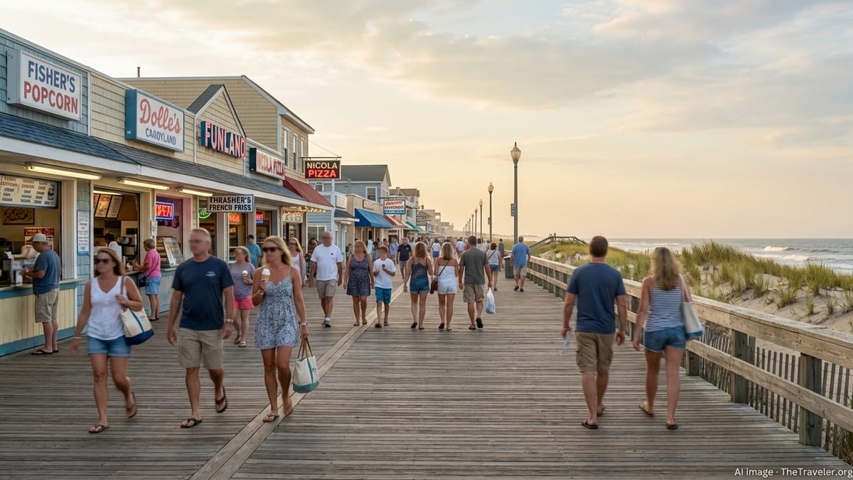 Early evening pedestrians on the Rehoboth Beach boardwalk in Delaware under soft golden light.