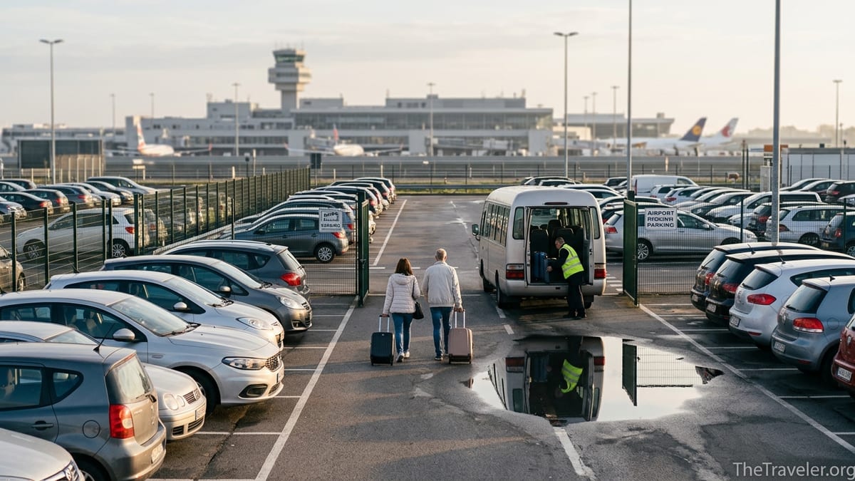 Travelers walking to a shuttle bus in an off site airport parking lot at sunrise.