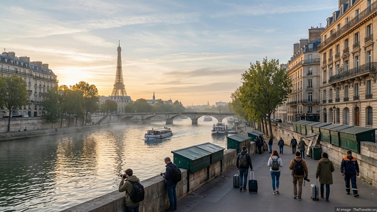 Early morning view of the Seine and Eiffel Tower with travelers walking along the Paris riverbank.