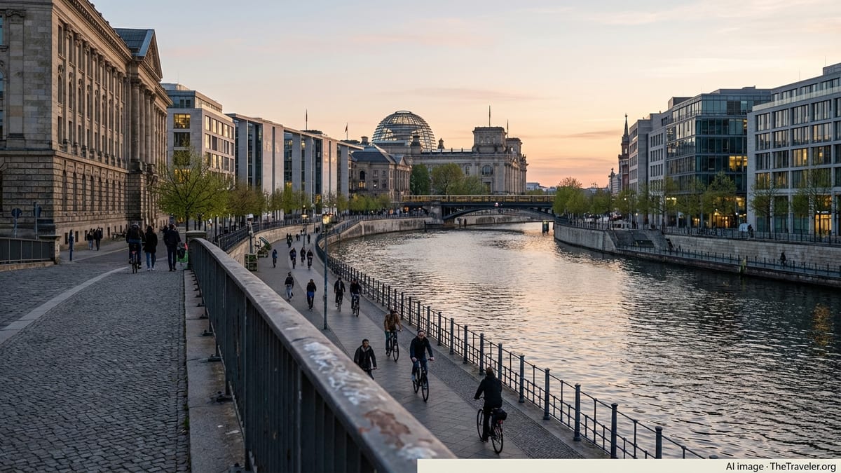 Evening view over the Spree River in Berlin with historic and modern buildings and people walking along the promenade.