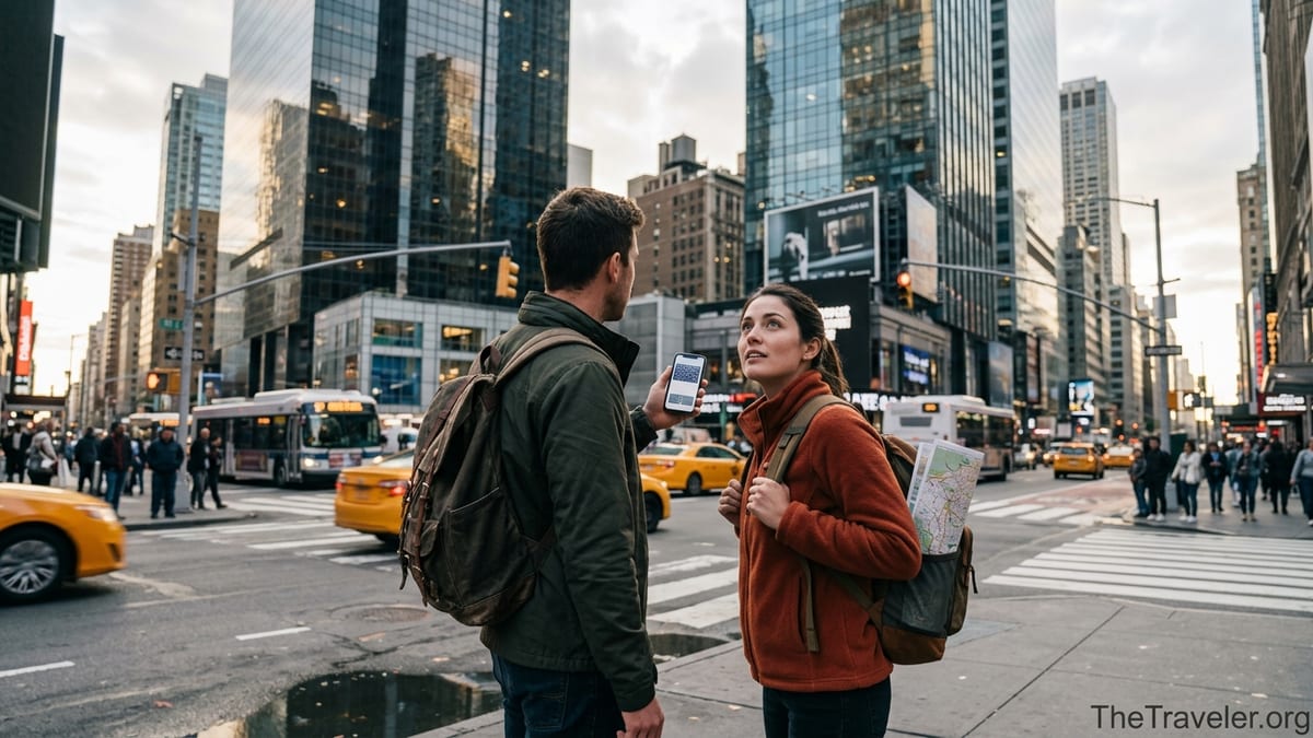 Travelers checking a digital city pass on a smartphone at a busy New York intersection.