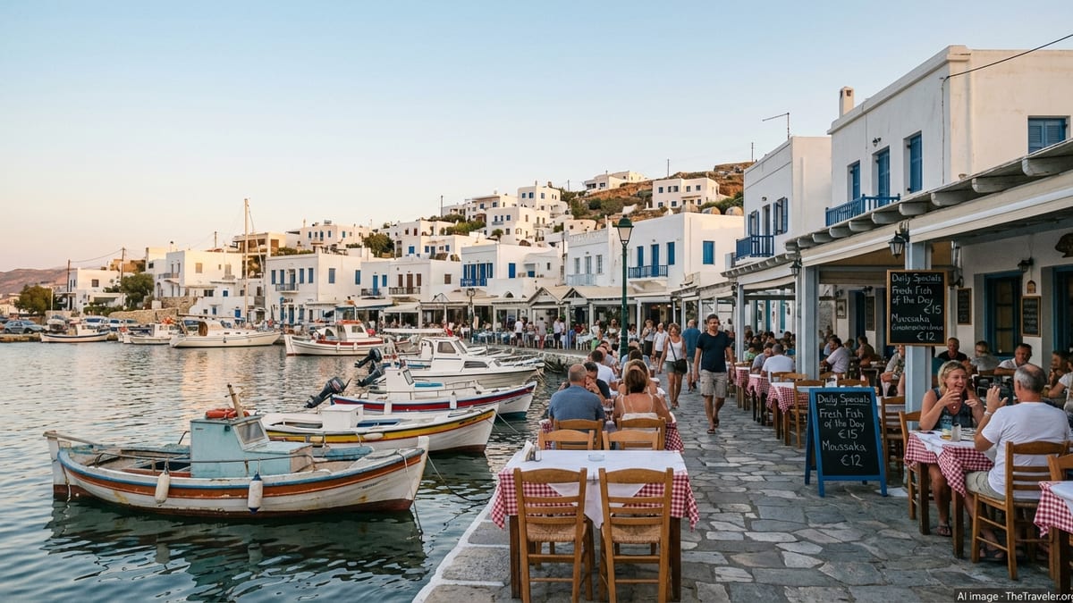 Evening view of a Greek island harbor with boats and casual seaside tavernas.