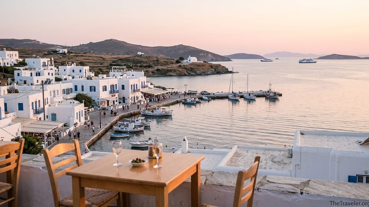 Greek island harbor at sunset with whitewashed houses, boats and a waterfront taverna table.