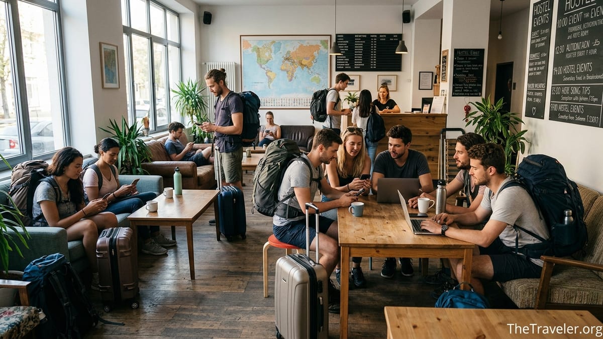 Travelers using Hostelworld on phones and laptops in a bright hostel common room.