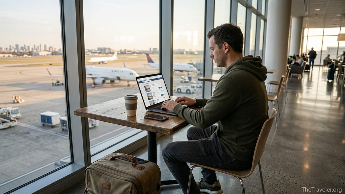 Traveler in an airport lounge comparing hotel options on a laptop before a trip.