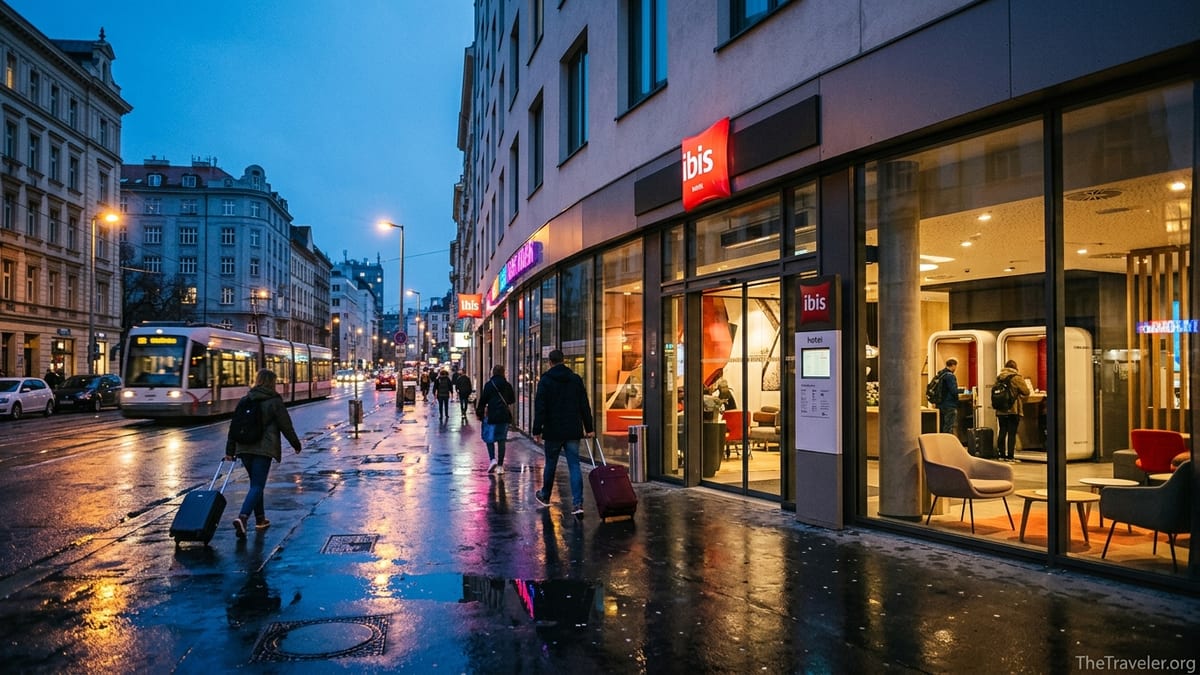 Evening street view of a modern Ibis hotel with travelers walking past the entrance