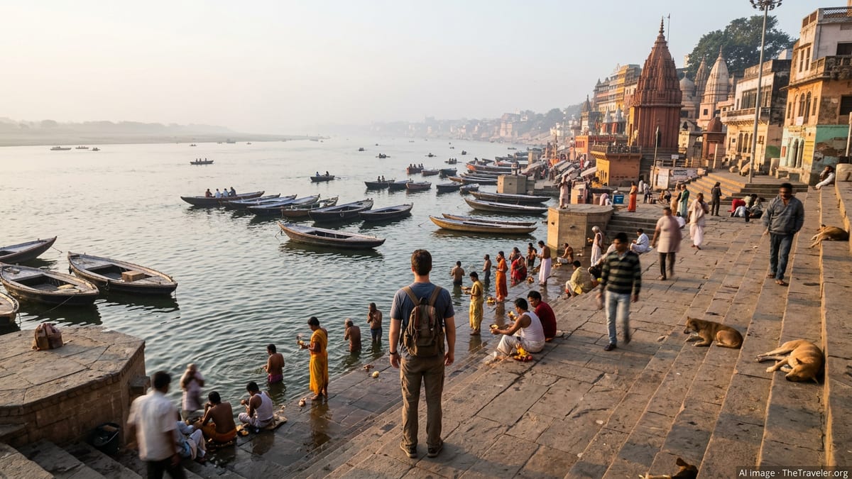 Sunrise on Varanasi ghats with boats, pilgrims and temples along the Ganges River.
