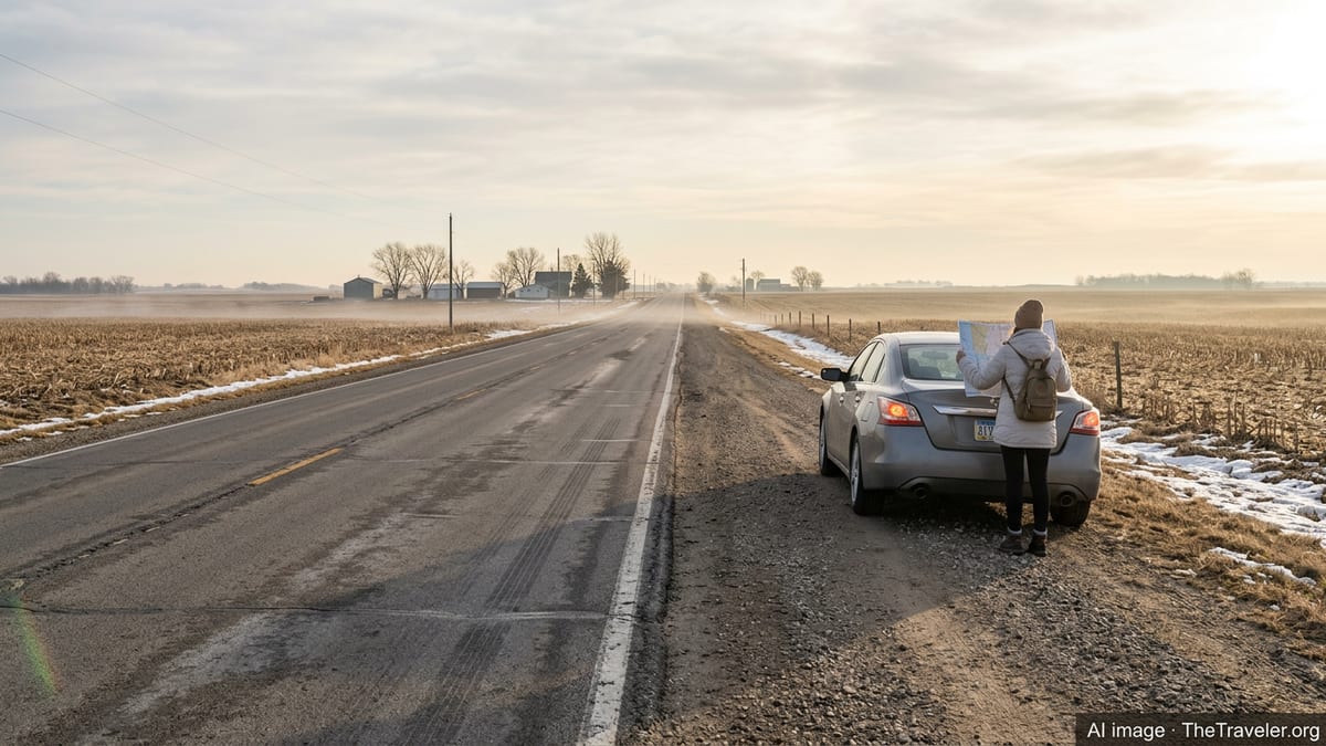 Two-lane rural Iowa highway with car on snowy shoulder under soft morning light