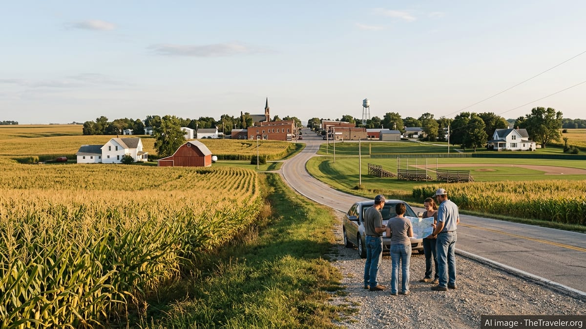Iowa cornfields leading to a small town and baseball diamond at sunset.