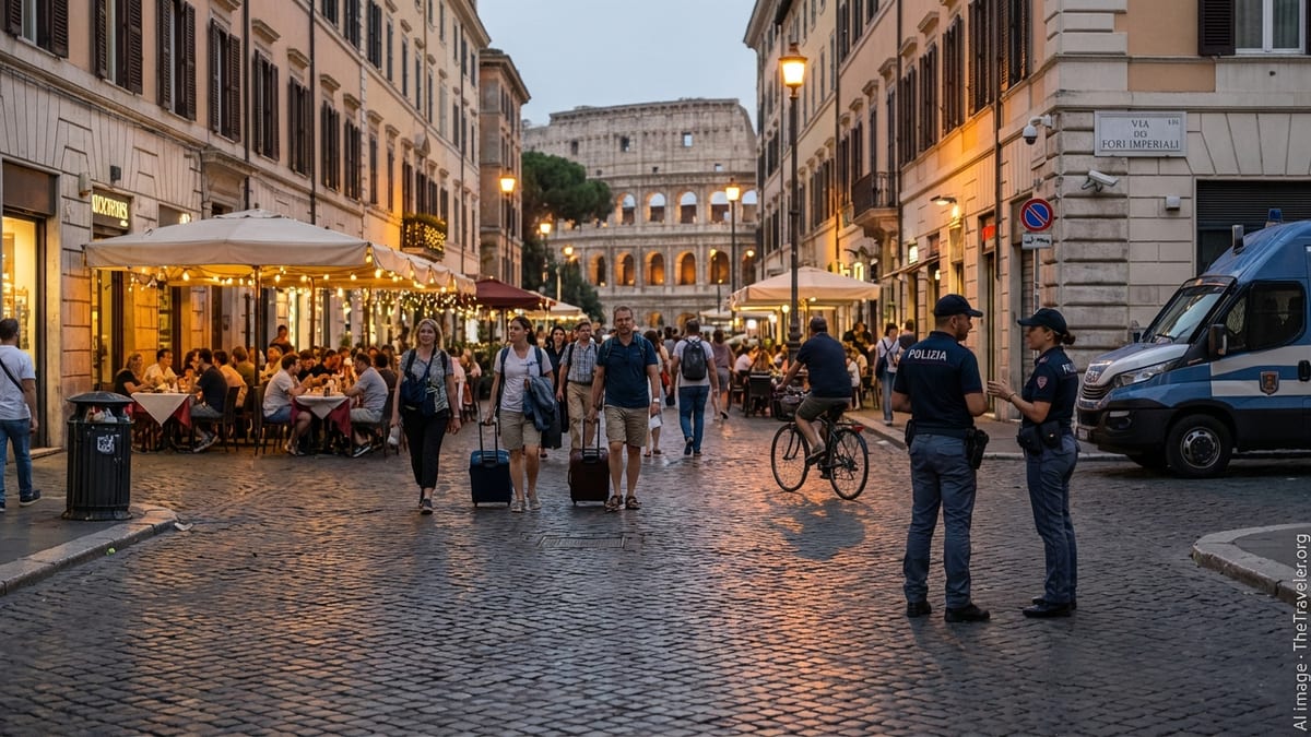 Evening street in central Rome with tourists walking and police nearby, Colosseum in background.
