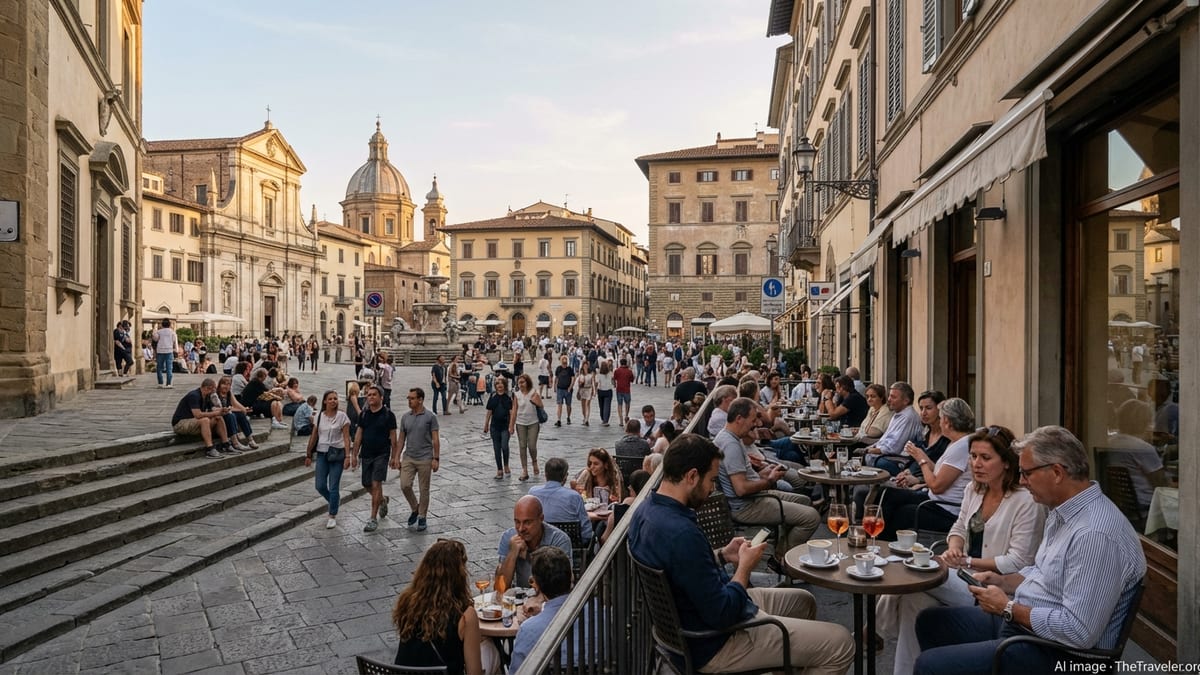 Early evening crowd in an Italian piazza with cafes and historic facades