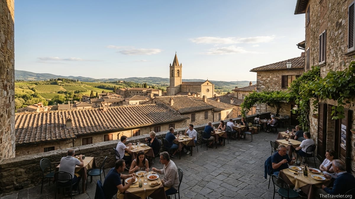 Sunlit Italian hill town overlooking vineyards with people dining in a small piazza at golden hour.