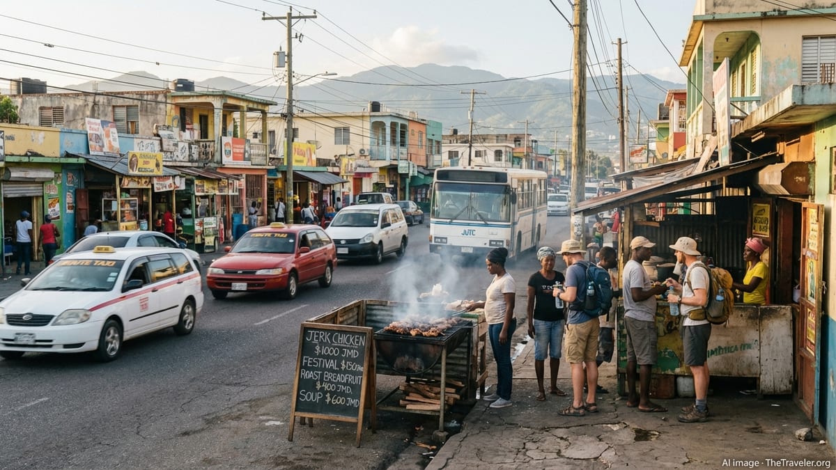 Busy Kingston street with jerk stand, taxis and hills in the background at sunset